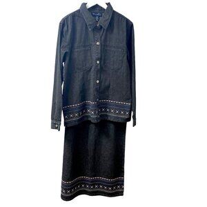Denim & Co.Jacket and Skirt Set Size Large Gray Denim Embroidered Casual Top and